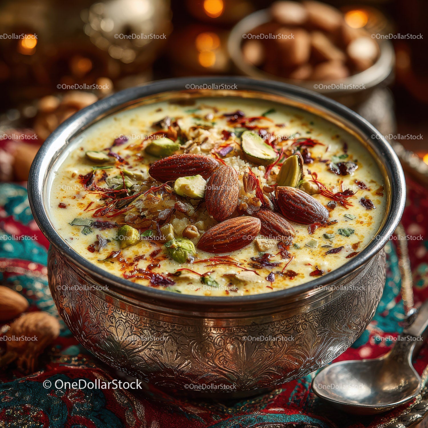 Saffron Milk Dessert with Almonds and Pistachios in Decorative Bowl