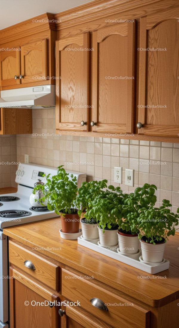 Wooden Kitchen Cabinets with Green Herbs Potted Plants on Countertop