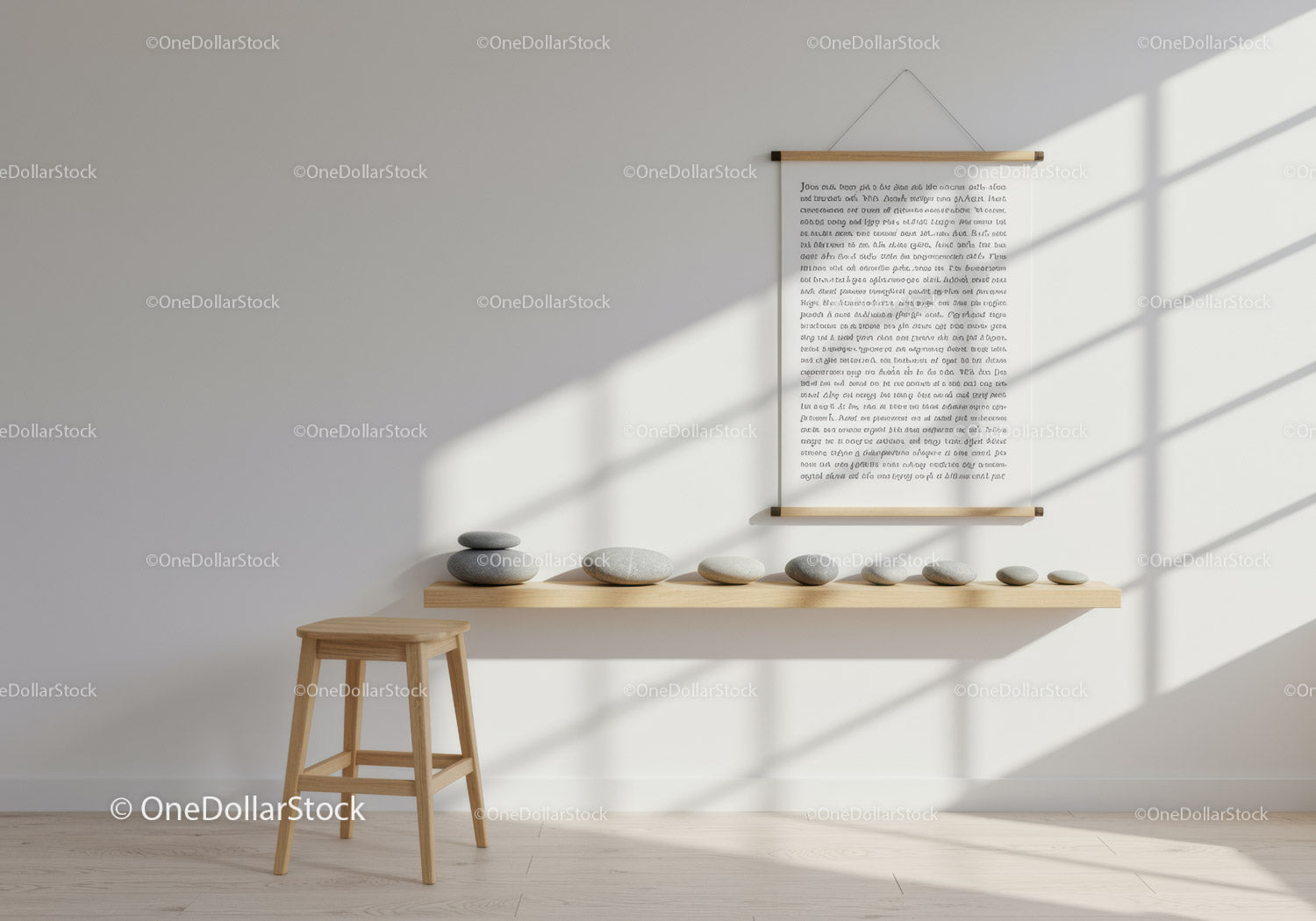 Minimalist room with wooden stool and decorative stones