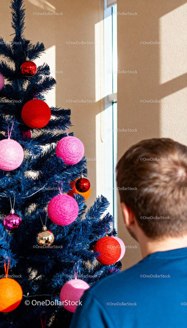 Man Admiring Colorful Decorations on Blue Christmas Tree