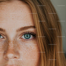Close-up of freckled blue eye and natural red hair