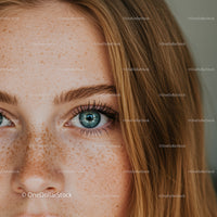 Close-up of freckled blue eye and natural red hair