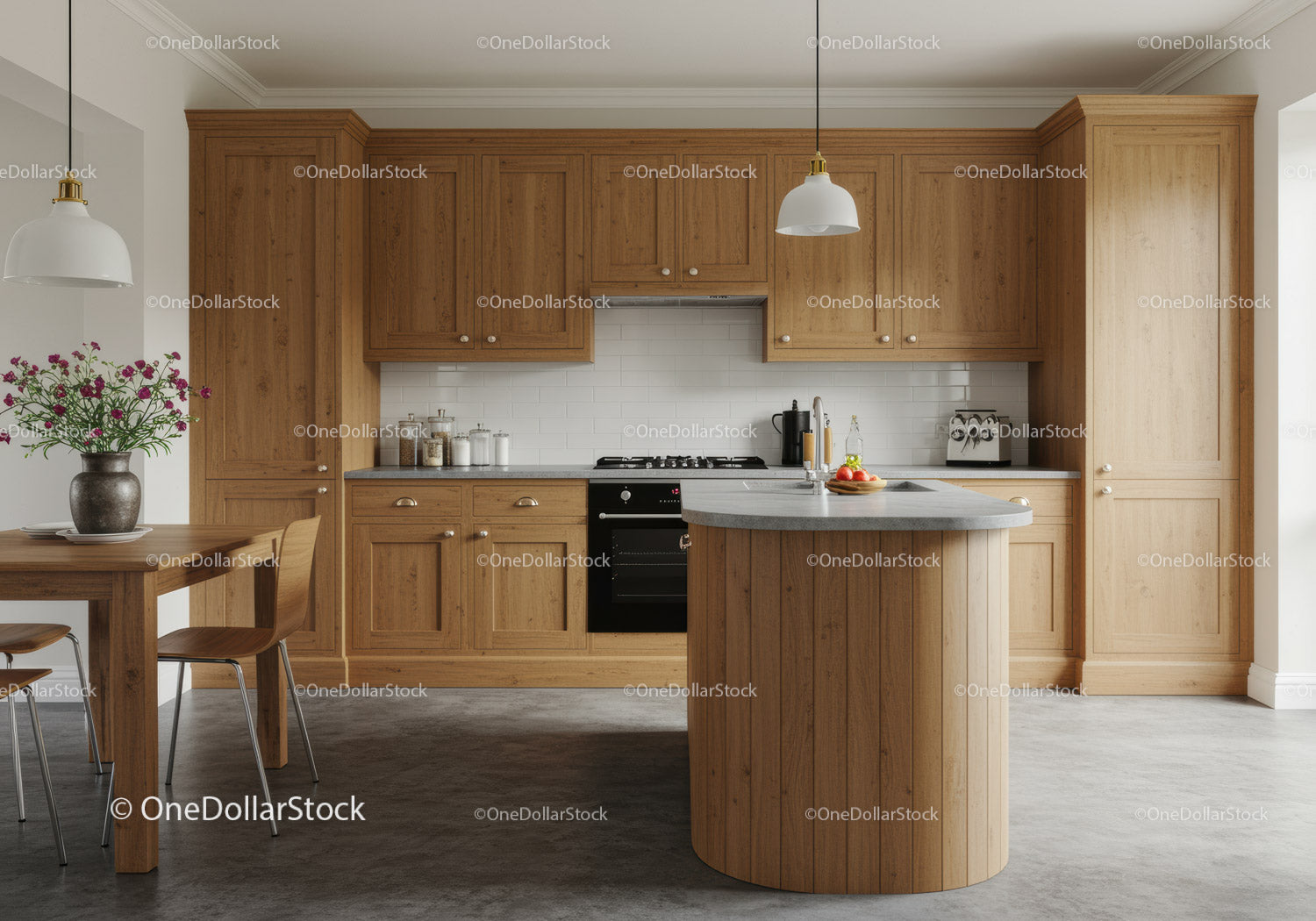 Warm Wooden Kitchen with Island and White Subway Tiles