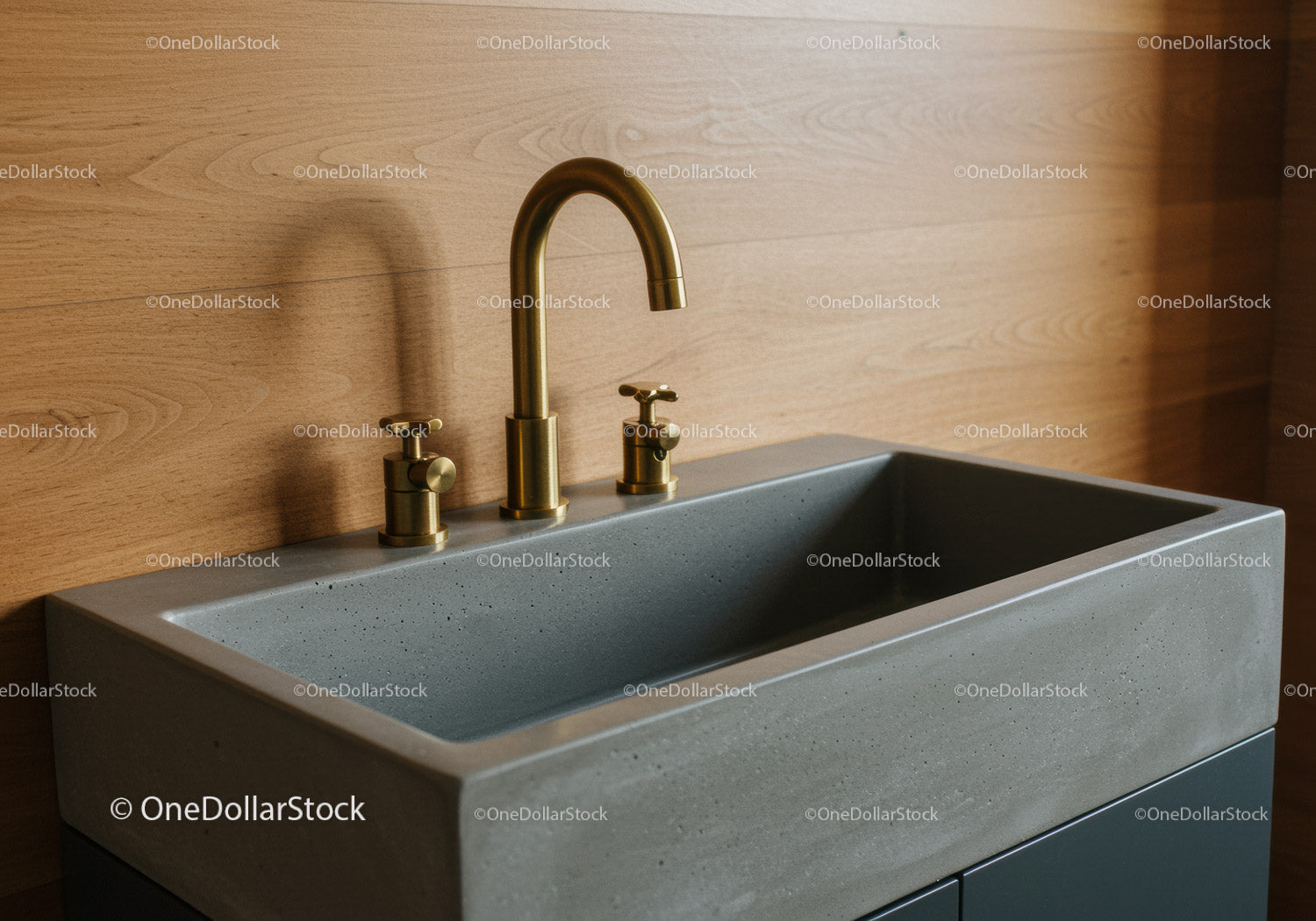 Concrete Bathroom Sink with Brass Faucet in Modern Interior
