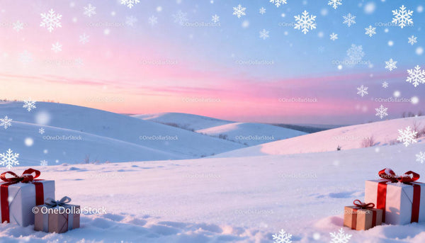 Winter gifts in snowy landscape at pastel sunset