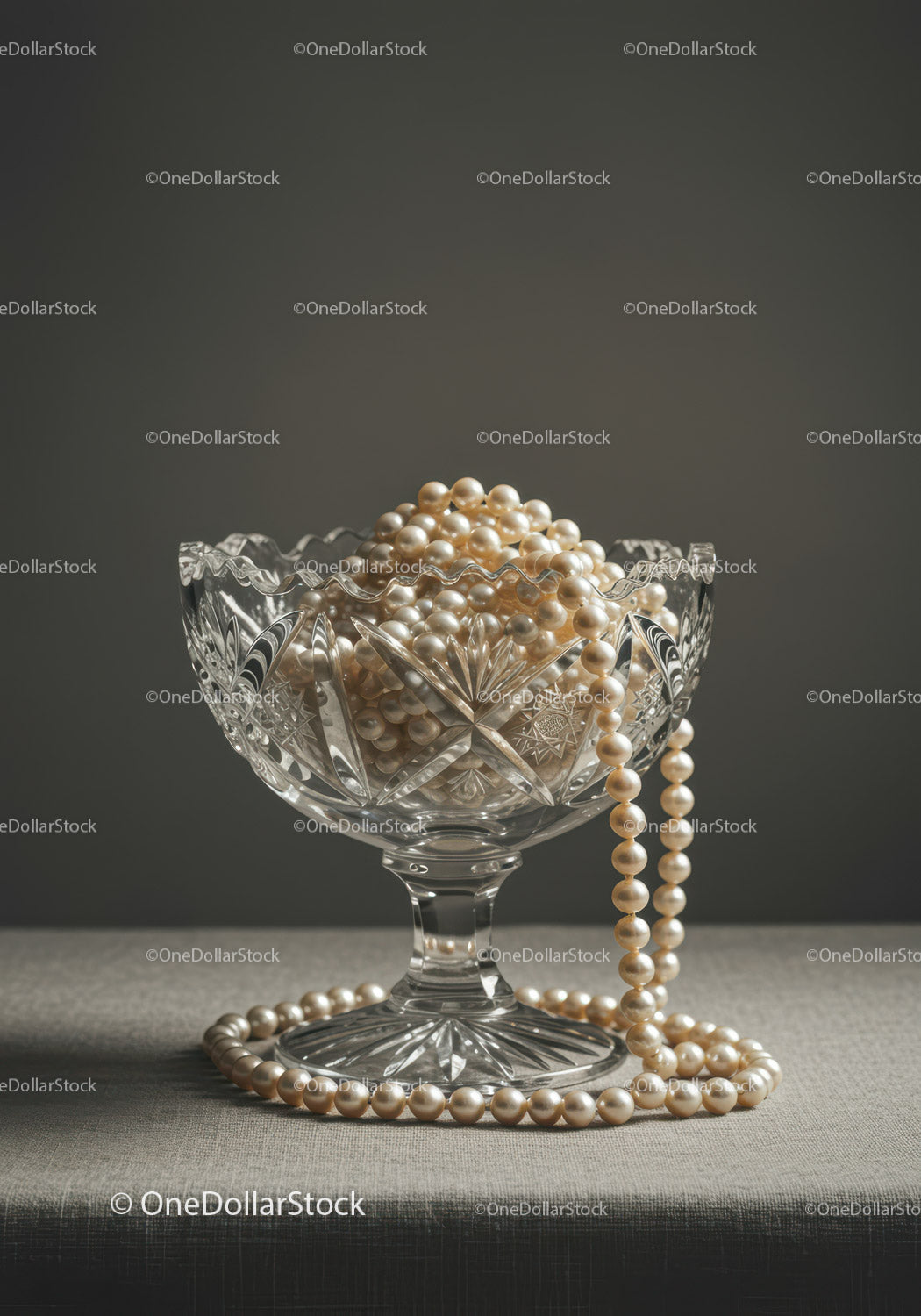 Elegant Pearl Necklace in Crystal Bowl on Grey Background