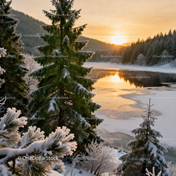 Winter Sunset Over Frozen Lake and Snowy Pines