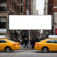 Busy urban street with yellow taxis and blank billboard JPG Mockup Image preview