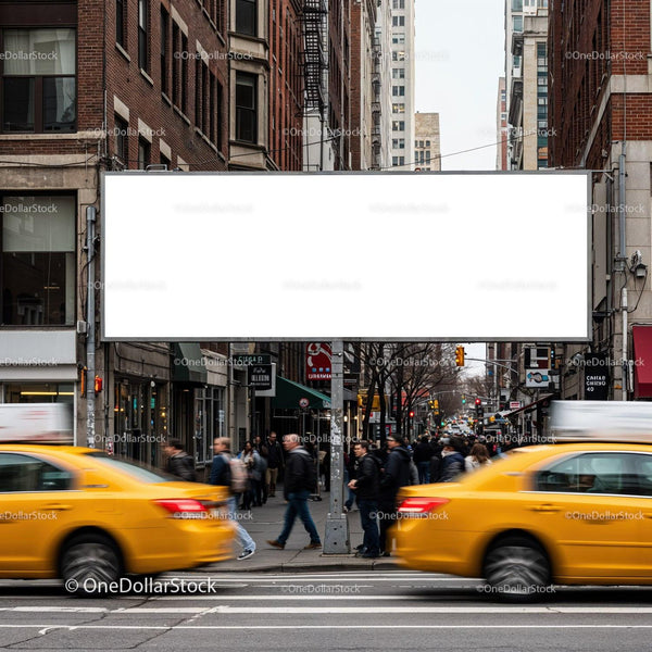 Zatłoczona ulica miejska z żółtymi taksówkami i pustym billboardem