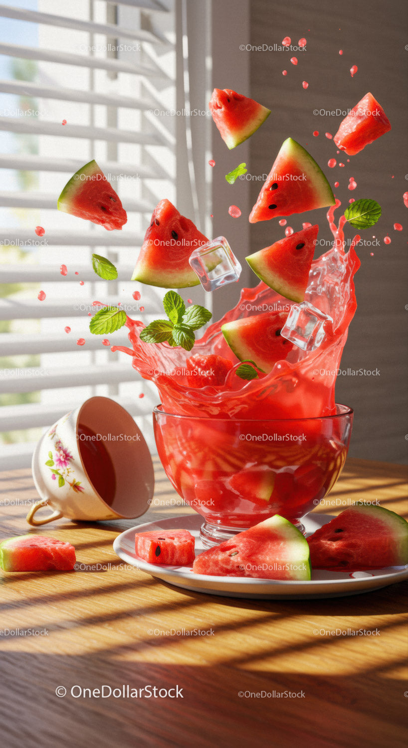 Fresh Watermelon Splash with Ice and Mint Leaves