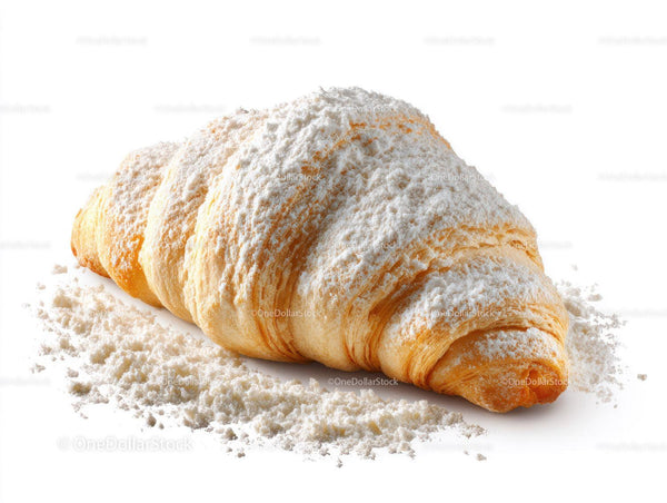 Złoty croissant z cukrem pudrem na białym tle