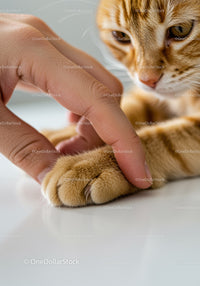 Close up of human finger touching orange cat paw