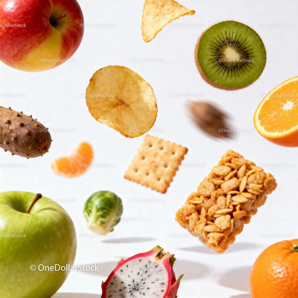Fresh Fruits and Healthy Snacks Floating on White Background