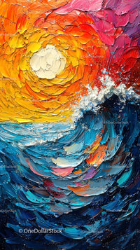 Vibrant Abstract Ocean Scene with Sunset and Waves