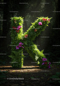 Floral Letter K Made of Green Leaves and Colorful Flowers