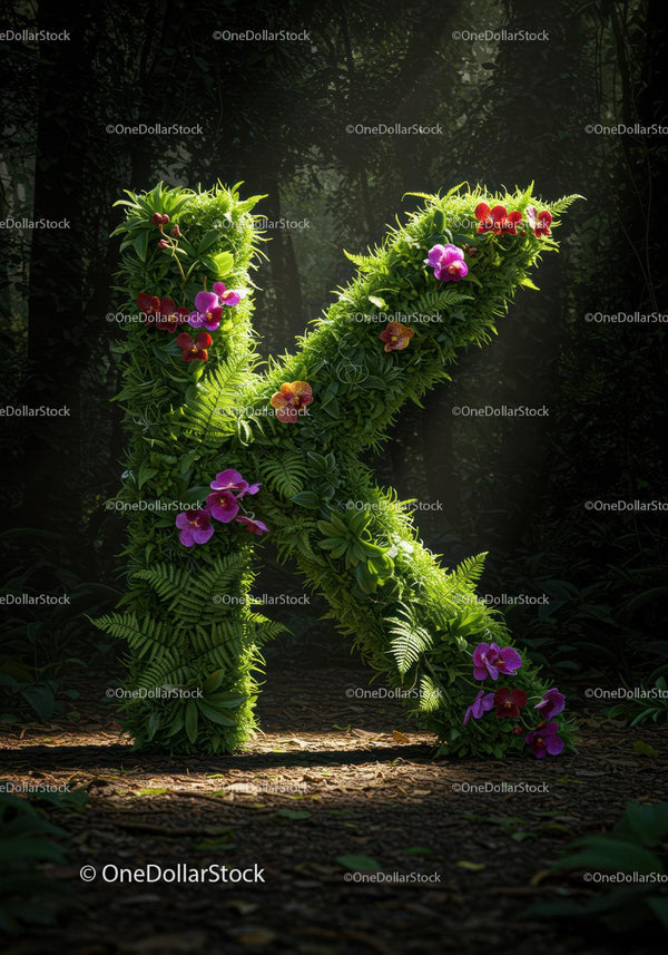 Floral Letter K Made of Green Leaves and Colorful Flowers