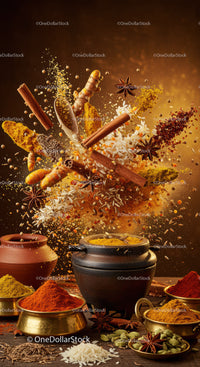 Variety of Exotic Spices and Herbs in Motion