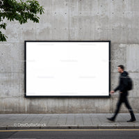 Blank urban billboard on concrete wall with pedestrian