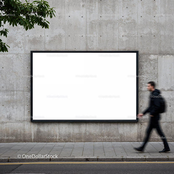 Blank urban billboard on concrete wall with pedestrian JPG Mockup Image