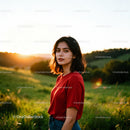 Young woman in red shirt enjoying golden hour outdoors