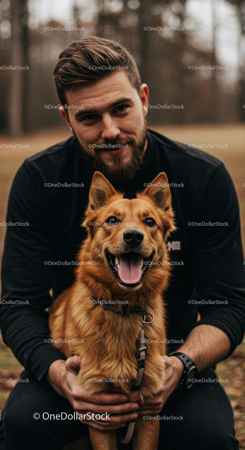 Smiling young man embracing happy brown dog outdoors
