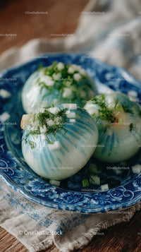 Decorative Onions with Herbs in Stylish Blue and White Bowl