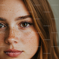 Close-Up of Freckled Red-Haired Woman with Brown Eyes in Natural Light