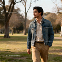 Young man strolling thoughtfully through sunlit park
