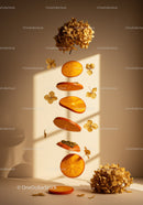 Floating slices of persimmon surrounded by dried flowers