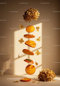 Floating slices of persimmon surrounded by dried flowers
