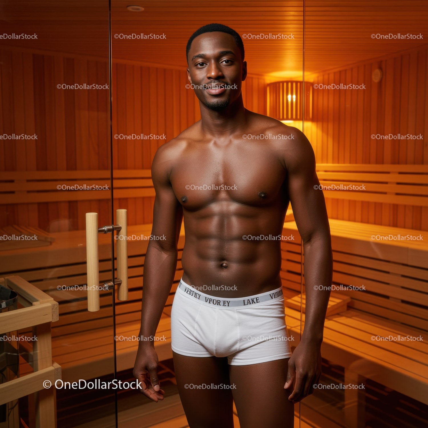 Male Fitness Model in Sauna with Toned Physique and Warm Wooden Interior