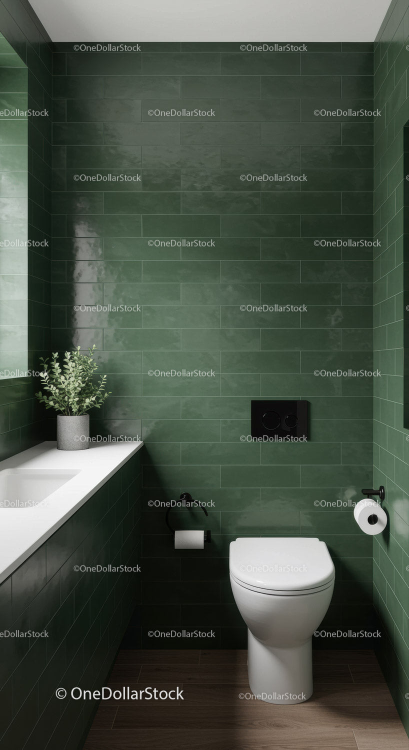 Modern Green Tiled Bathroom with White Toilet and Indoor Plant