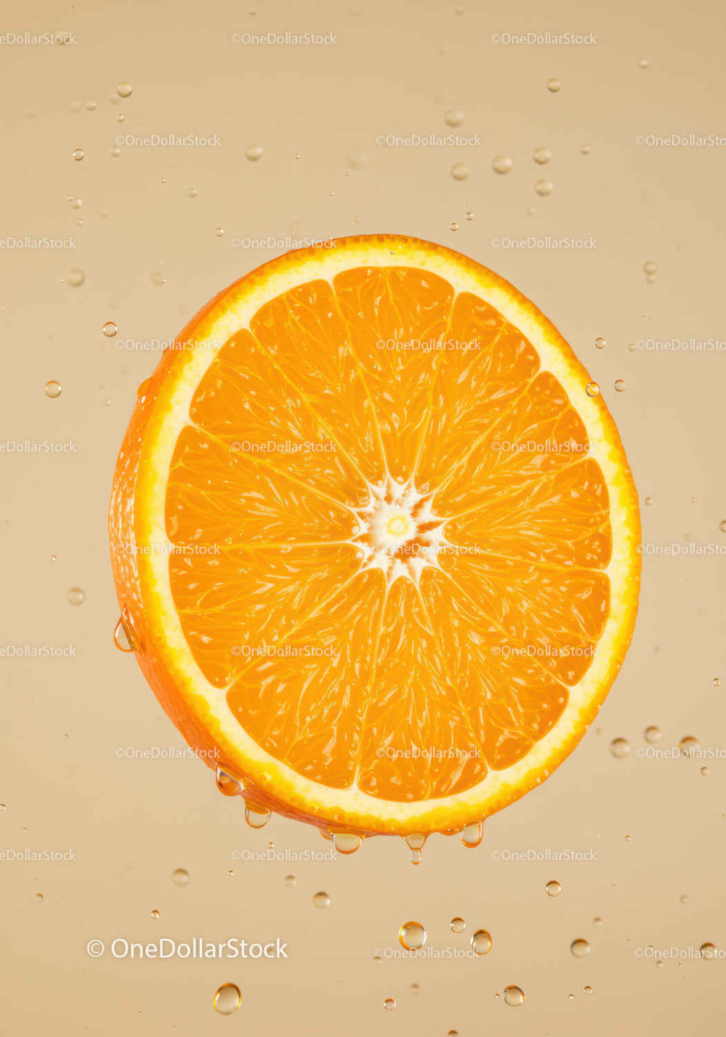 Fresh orange slice with water droplets close up