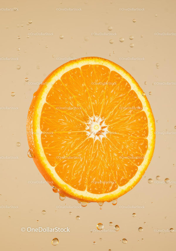Fresh orange slice with water droplets close up