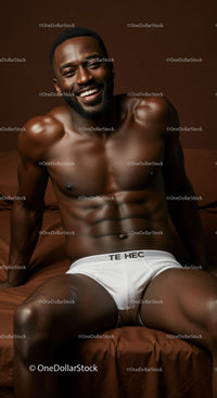 Smiling athletic man relaxing in white briefs on bed
