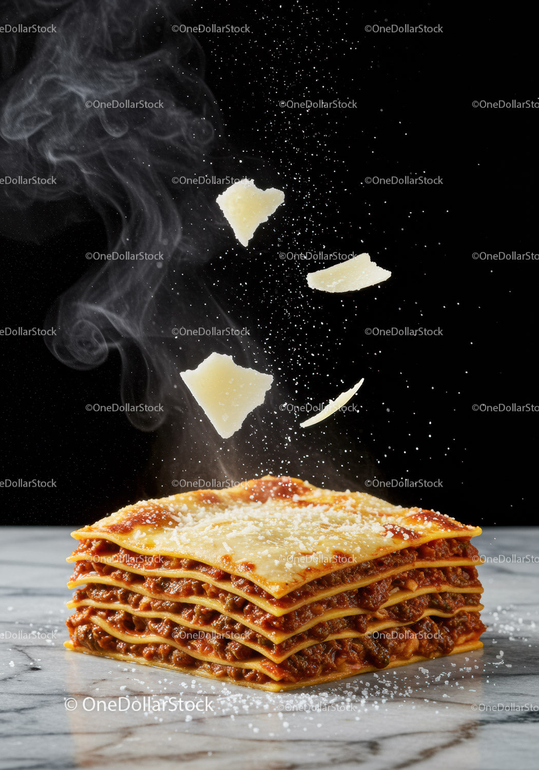Steaming lasagna with Parmesan cheese sprinkles