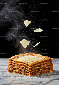 Steaming lasagna with Parmesan cheese sprinkles