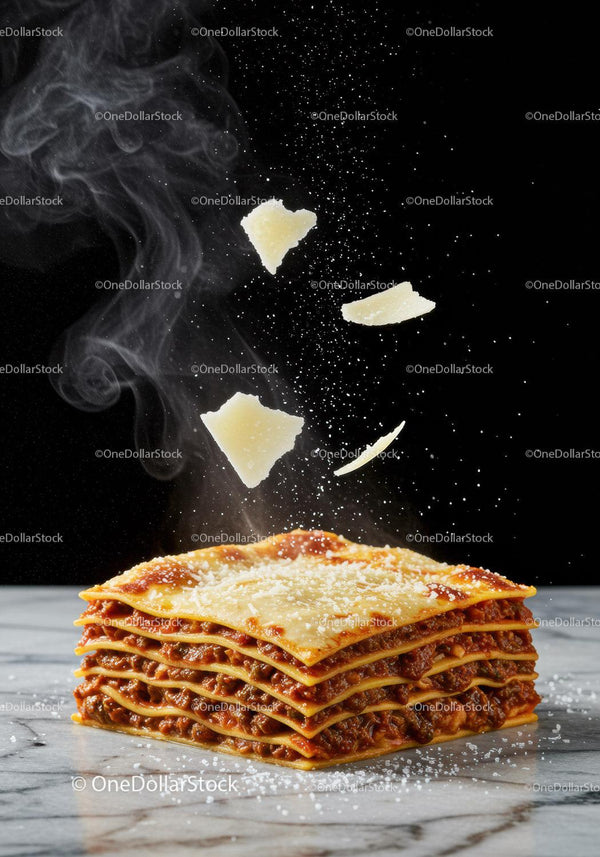 Steaming lasagna with Parmesan cheese sprinkles