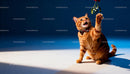 Playful orange tabby cat reaching for mistletoe
