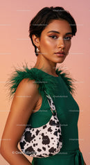 Fashionable Woman with Green Feathered Shoulder and Animal Print Handbag