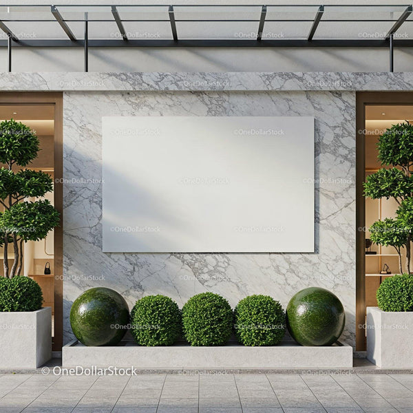 Modern outdoor wall with blank white panel and greenery JPG Mockup Image