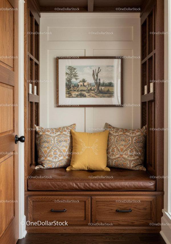 Elegant Wooden Window Nook with Cushioned Seating and Artistic Decor