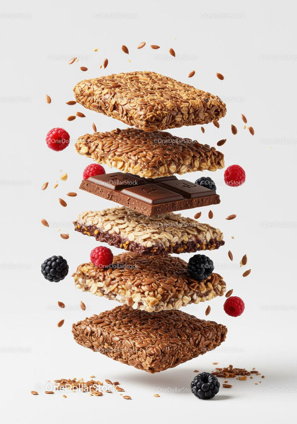 Stack of Granola Bars with Chocolate and Fresh Berries