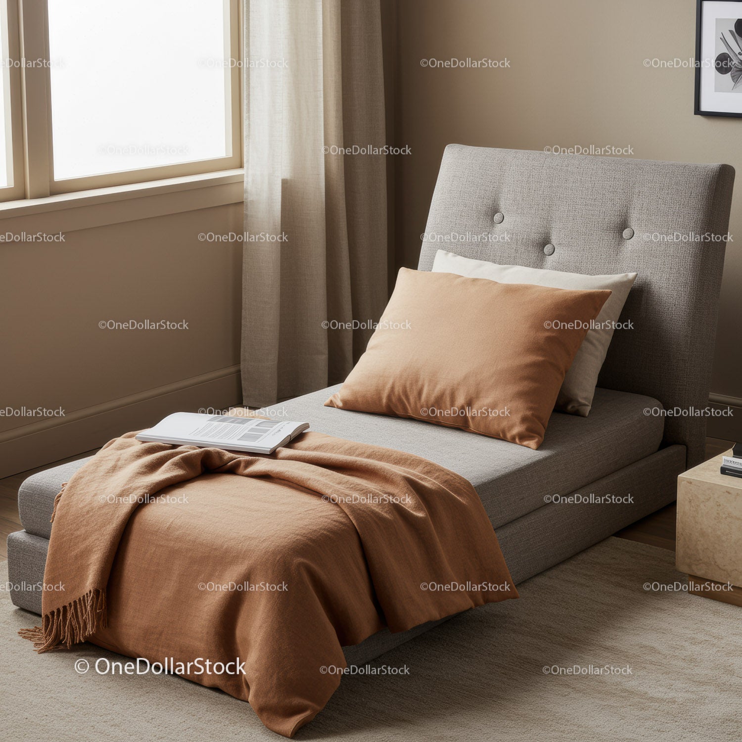 Cozy Bedroom with Beige and Gray Bed Setup with Pillows and Natural Light
