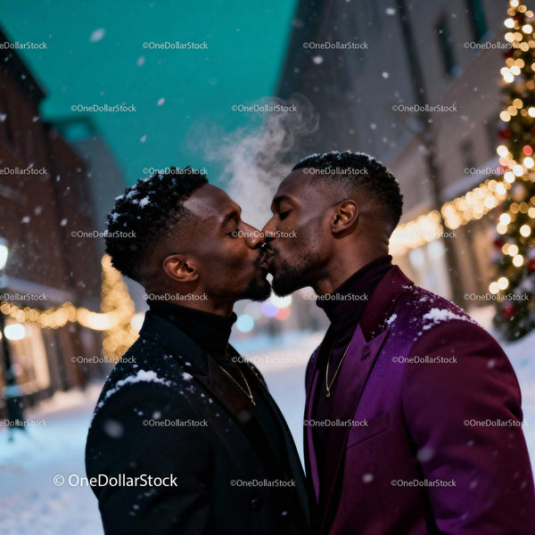 Romantic Winter Kiss Between Two Men in Festive City