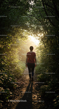 Woman walking through lush forest path at sunset