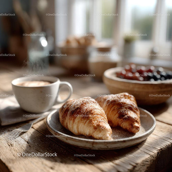 Świeże Rogaliki i Kawa w Rustykalnej Kuchni - Poranna Scena