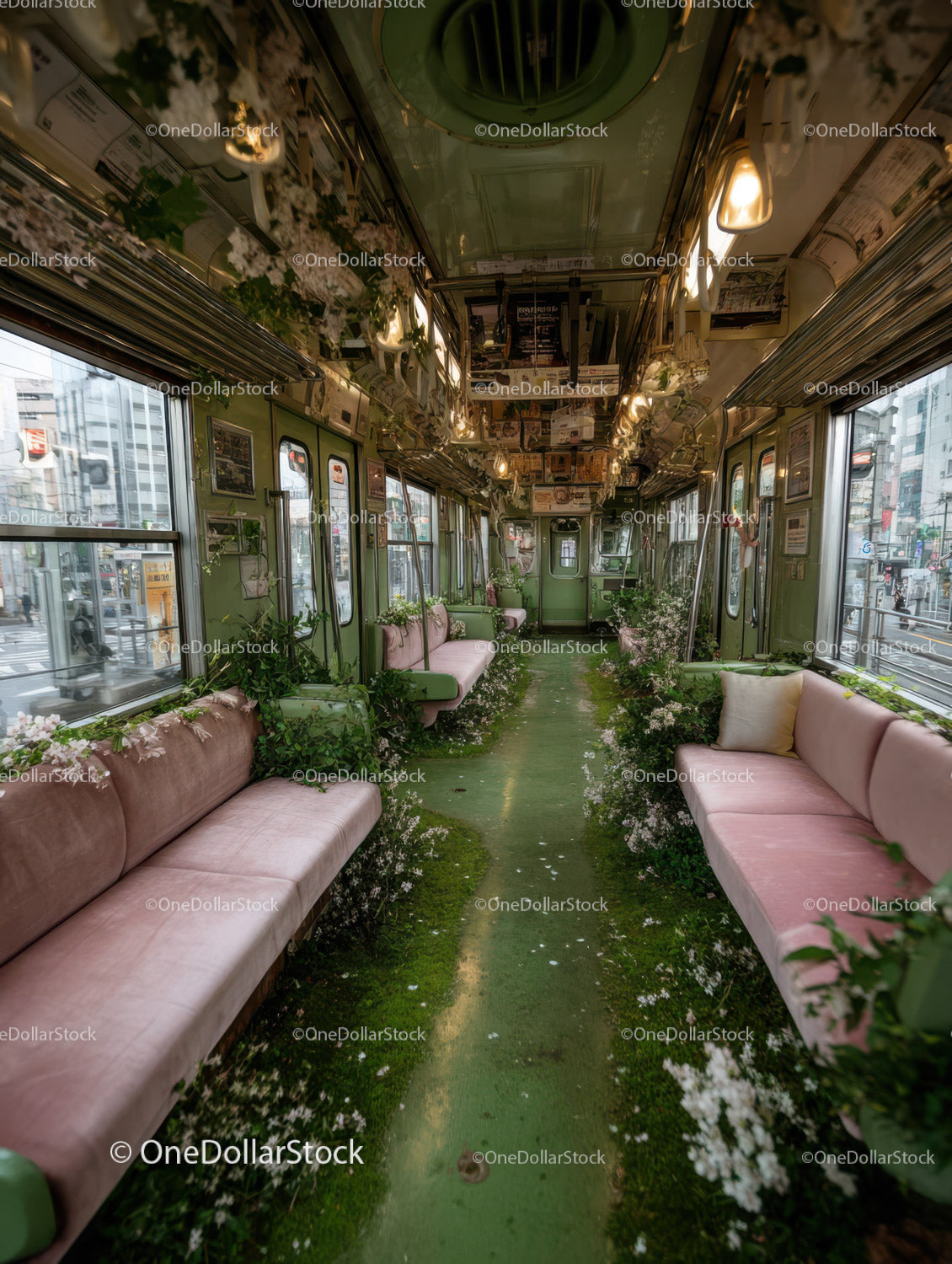 Vintage Train Car Interior with Floral Decorations and Greenery