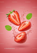 Fresh strawberry halves splashing with mint leaves