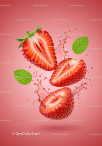 Fresh strawberry halves splashing with mint leaves